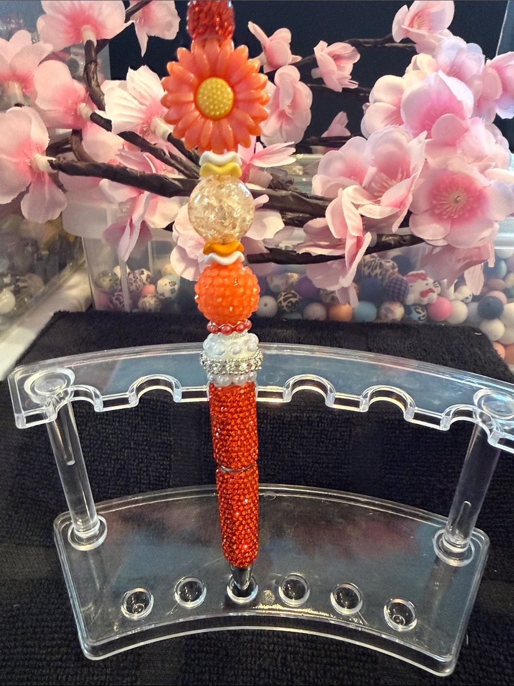 Handcrafted Orange Beaded Flower Pen - Unbranded